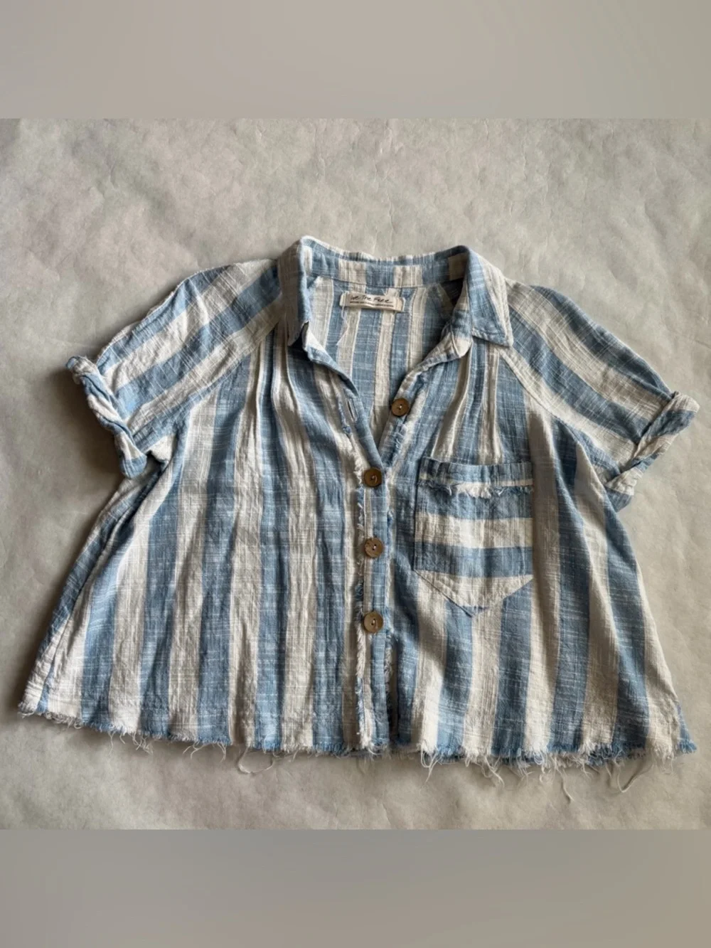 We The Free Away At Sea Crop Boxy Linen Blend Medium Top Nautical Relaxed G - Picture 7 of 11